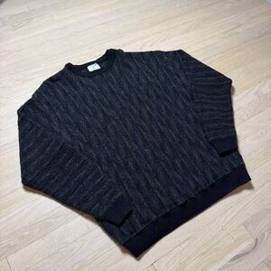 London Fog Mens Large Textured Knit Crewneck Sweater Black Blue Green 44 L/G